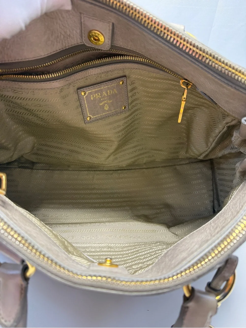 Prada Metallic Taupe Leather Satchel with Gold Hardware